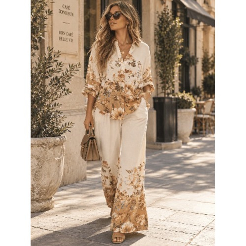 Floral Print Two Piece Set Button Down Shirt and Wide Leg Pants Cream Tan Boho
